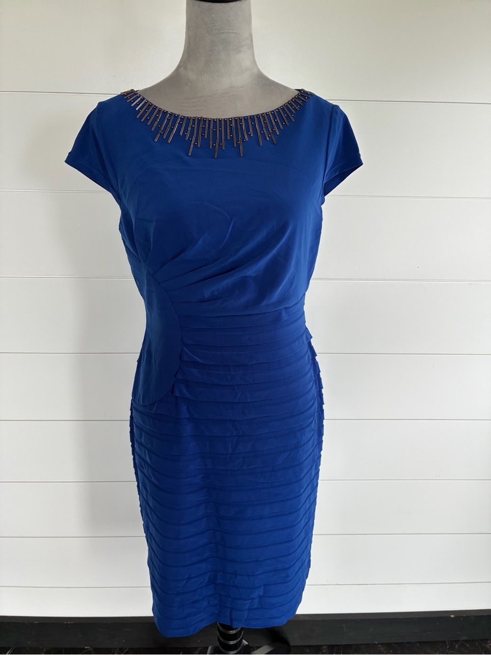 Adrianna Papell Royal Blue Beaded Neck Midi Sheath Dress Sz 10 NWOT/0290